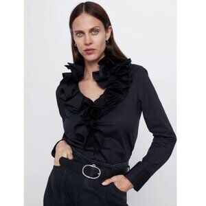 Zara Black Pleated Ruffle Neckline Poplin Shirt, NWT, XS